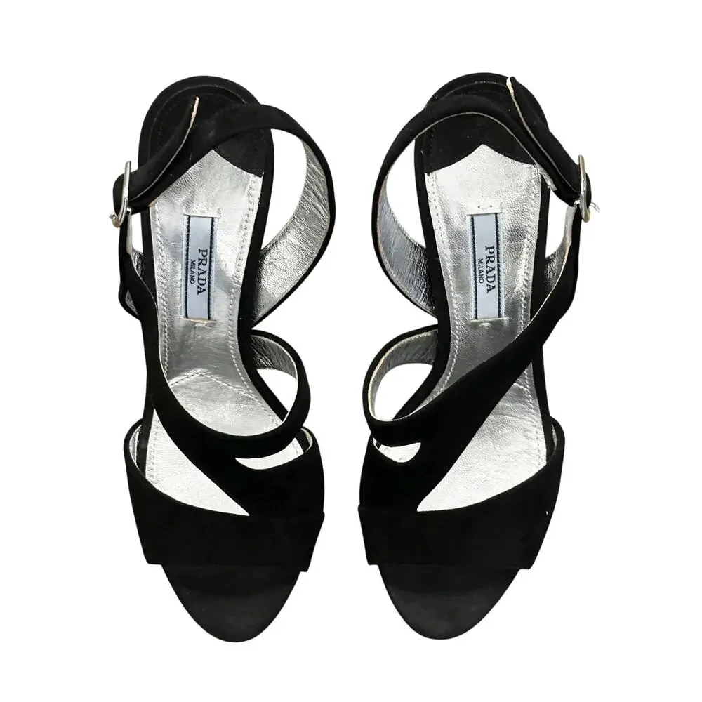 Prada Black Suede Silver Metallic Platform Slingback Heels Sandals EU 37